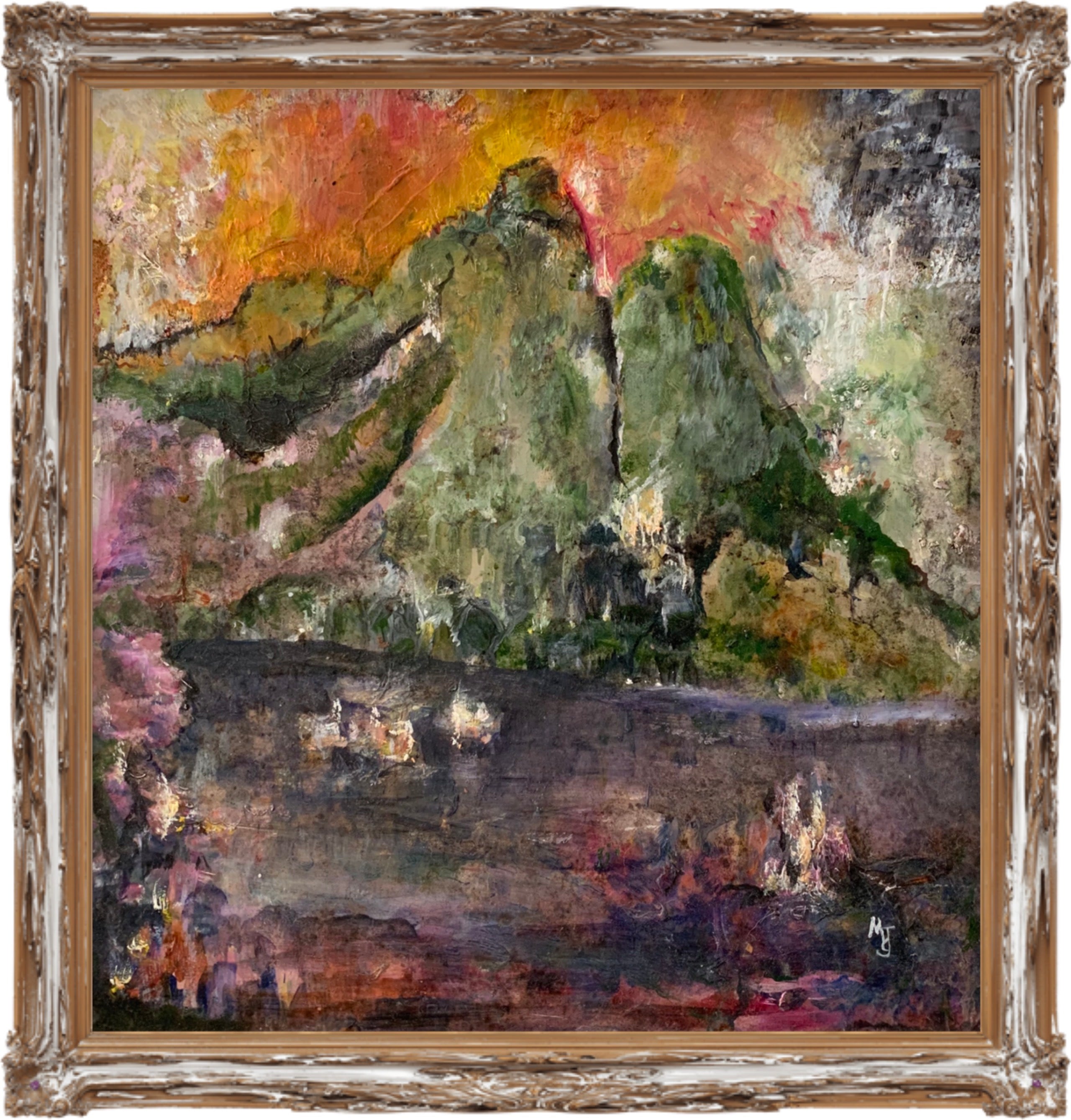 ‘LOOK MUM FIRE’ OIL ON BOARD FRAMED 30 x 30 CM