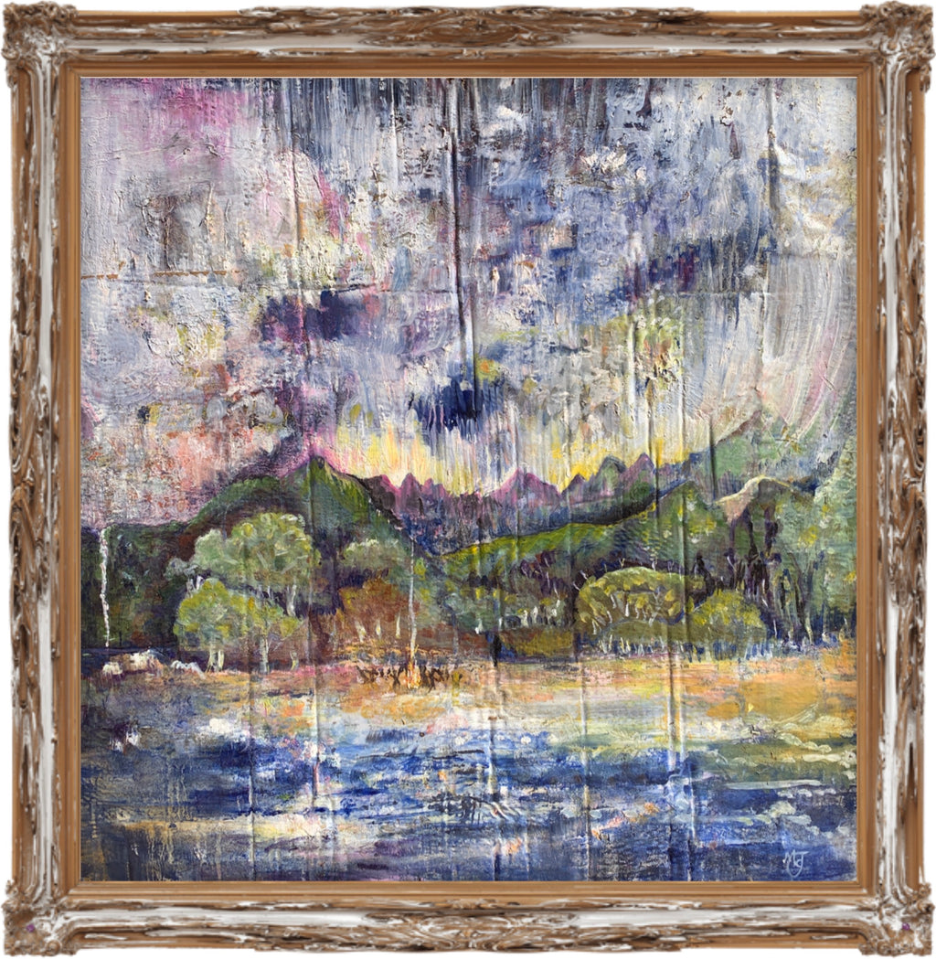 ‘RAIN DANCE OF THE WIDJIBAL WYBALL AT TYAGARAH’ OIL ON CARDBOARD FRAMED 90 x 90 CM