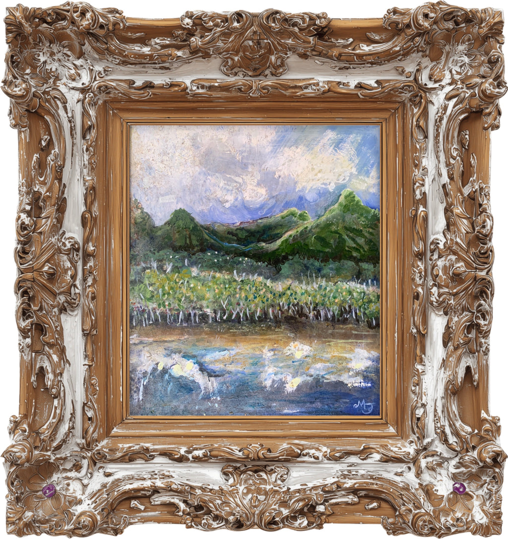 ‘TYAGARAH TO MINYON - ALL QUIET’ OIL ON CARDBOARD FRAMED 25 x 15 CM