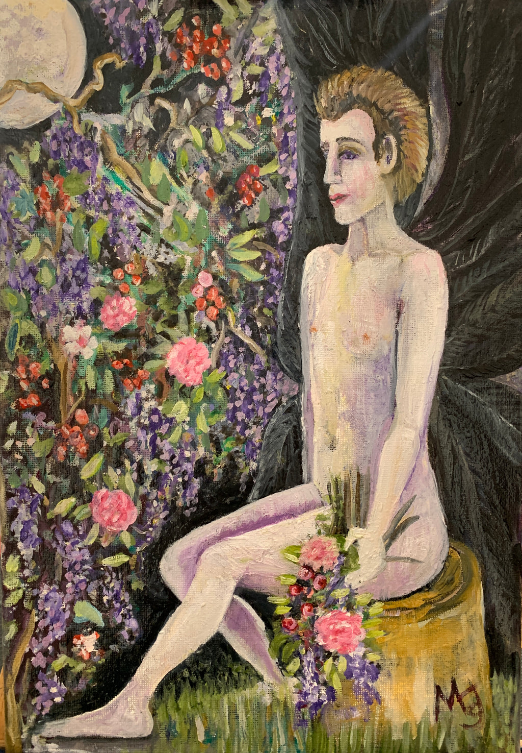 'FALLEN ANGEL IN THE GARDEN AT MIDNIGHT WITH ROSES, WISTERIA AND TOMATOES' 2026 MELANI DU JARDIN OIL ON CANVAS FRAMED 33 X 44 CM