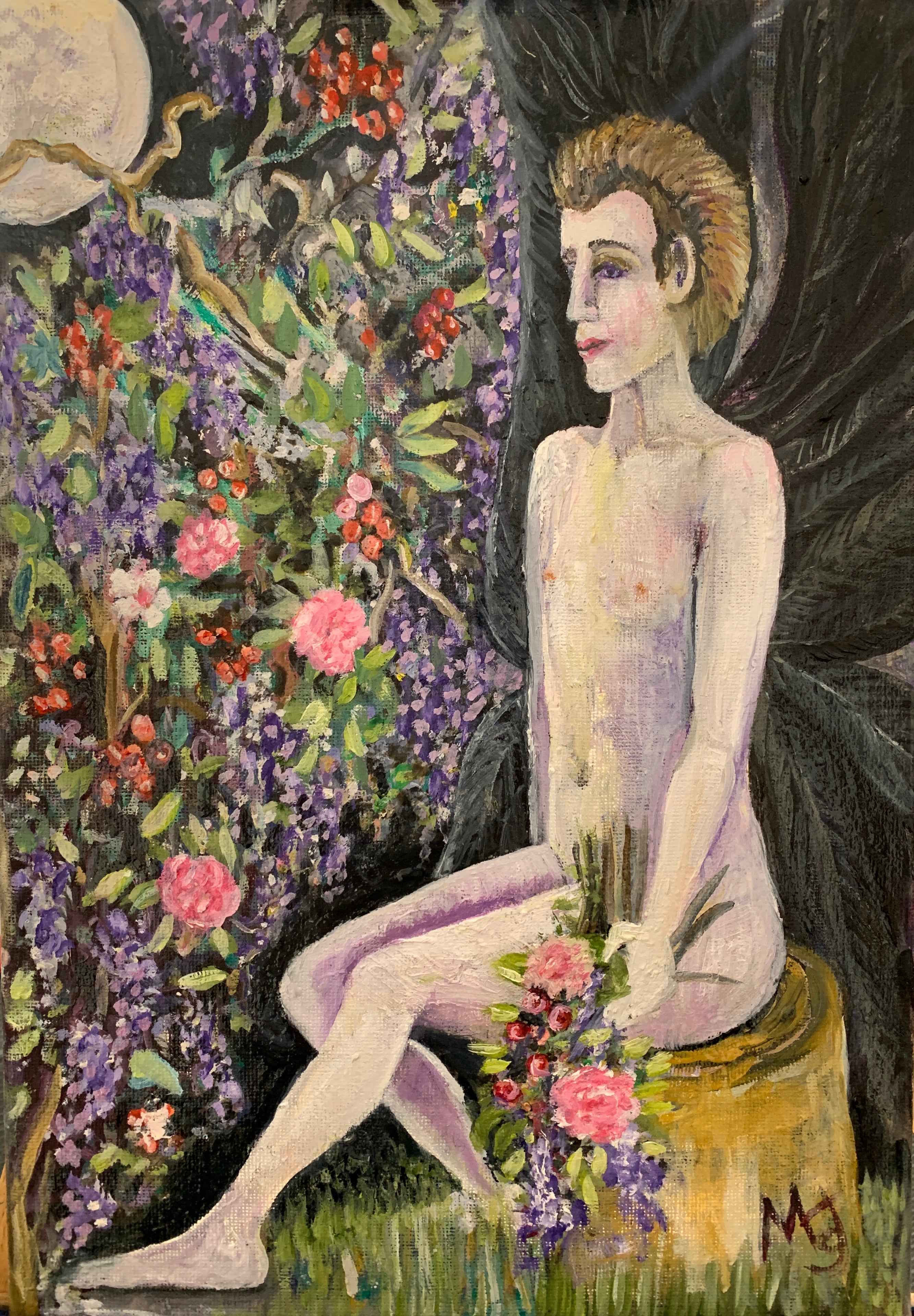 'FALLEN ANGEL IN THE GARDEN AT MIDNIGHT WITH ROSES, WISTERIA AND TOMATOES' 2026 MELANI DU JARDIN OIL ON CANVAS FRAMED 33 X 44 CM
