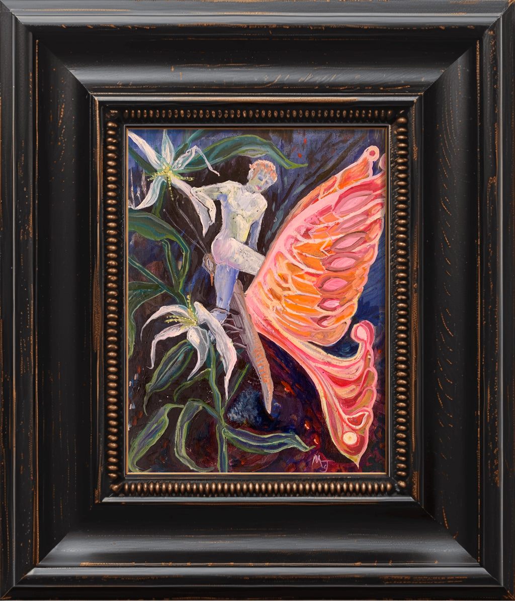 'AN ELF ALIGHTS HIS STEED FOR GREENER PASTURES' 2026 MELANI DU JARDIN OIL ON CANVAS FRAMED 50 X 60 CM