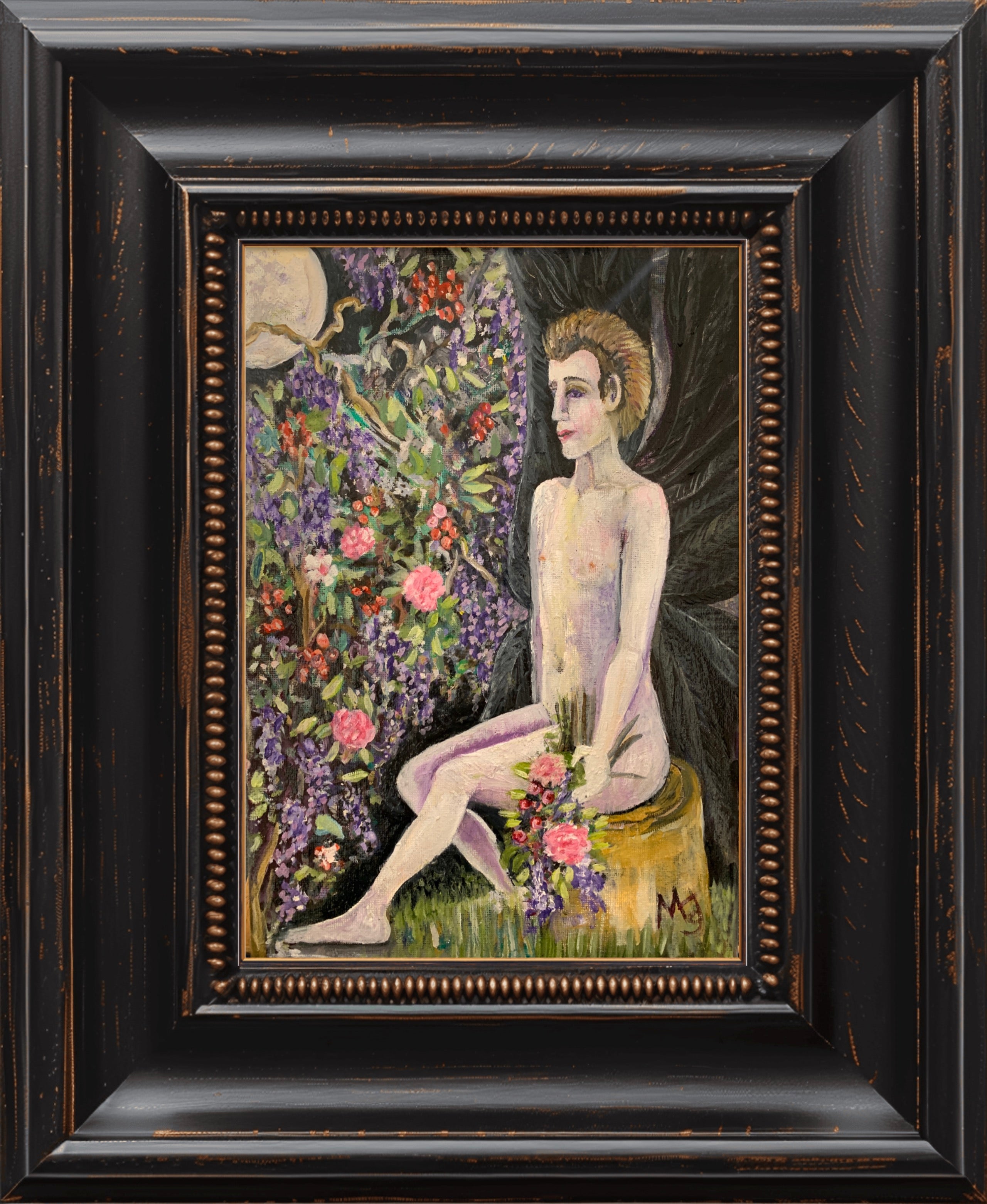 'FALLEN ANGEL IN THE GARDEN AT MIDNIGHT WITH ROSES, WISTERIA AND TOMATOES' 2026 MELANI DU JARDIN OIL ON CANVAS FRAMED 33 X 44 CM